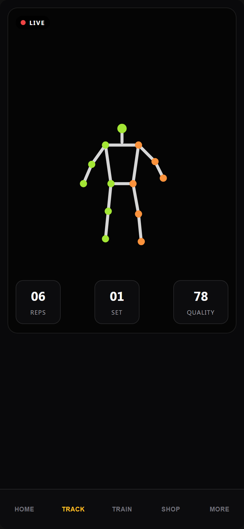 Live Track — skeleton overlay, reps, and quality