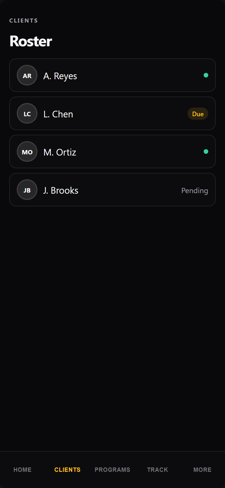 Coach roster — clients and assignment status